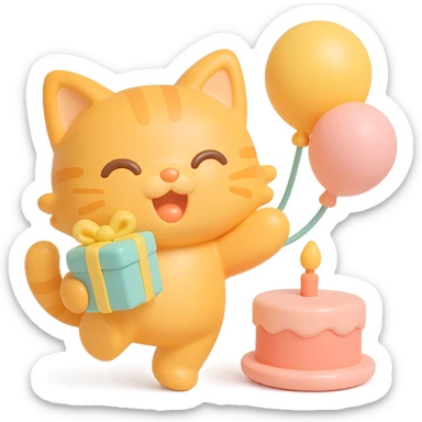 ginger tabby kitten jumping with joy, holding a birthday gift, birthday cake and balloons in background sticker