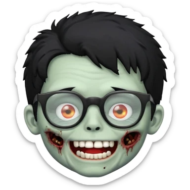 Zombie boy with fluffy hair wearing glasses while showing his white teeth sticker
