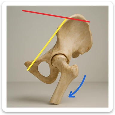 realistic human pelvis tilted, 4K resolution, detailed anatomical features, very evident tilt, colored guideline lines and arrows highlighting the tilt, side view, clinical atmosphere, neutral background sticker