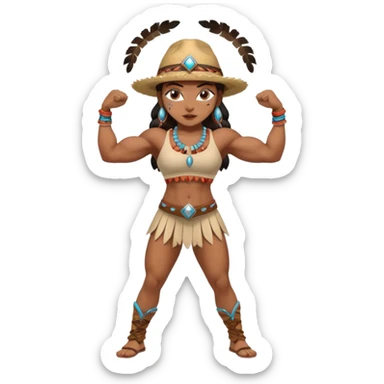 native american brown skin sexy girl, flexing muscles, full body, muscled, with traditional outfit and hat sticker