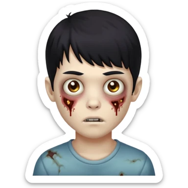 Garoto zombie, de cabelo preto, olhos castanhos claros, cabelo um pouco cacheado com franja sticker