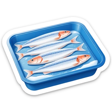 A clear vacuum-sealed plastic tray containing neatly arranged white fish fillets, covered with a thin layer of frost. The package has a blue and white label with product details and barcode. Set in a supermarket freezer shelf among other seafood packs, realistic lighting and texture. sticker