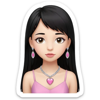Cabelos pretos longos lisos ,com franja curvada .olhos pretos puxadinho para cima. Cílios longos curvados. Pele clara ,nariz pequeno ,lábios carnudos ,adolescente 16 anos ,vestido rosa de alça, colar de coração prata ,brinco de diamante sticker