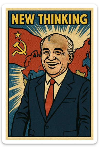 The full body of Soviet leader Mikhail Gorbachev with a smile on his face with a map of the Soviet Union and Eastern Europe in the background with the communist flag and a heading which reads 'New Thinking' sticker