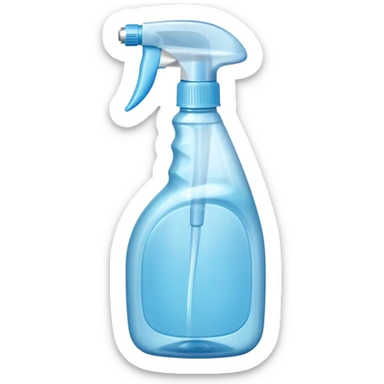 transparent plastic spray bottle filled with light blue liquid, clean trigger top, ergonomic shape, soft curves, slight shine, clarity and freshness, no label, no cloth, no window, closed spray bottle, soft lighting, subtle shadows, emoji scale sticker