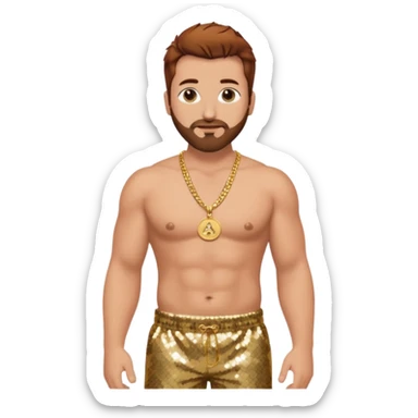Joey Fatone with auburn hair, black sequin baggy pants, shirtless with necklace sticker
