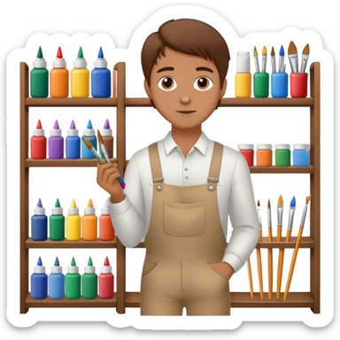 a white  salesman with brown hair standing next to a shelf where paints, brushes, and pencils are placed sticker