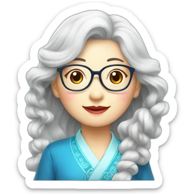 Chinese seniors lady wear glasses has wavy long hair wear Chinese traditional dress show appreciation sign sticker