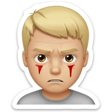 a blond guy with a short haircut, a tired and angry face, no shirt, with bruises under his eyes, and signs of beatings on his body, in the dark sticker
