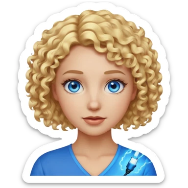 a woman with short curly blonde hair, blue eyes, blue electricity surrounding her, simplified and expressive, emoji style sticker