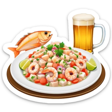 Ceviche de pescada con una cerveza a lado frente al mar sticker