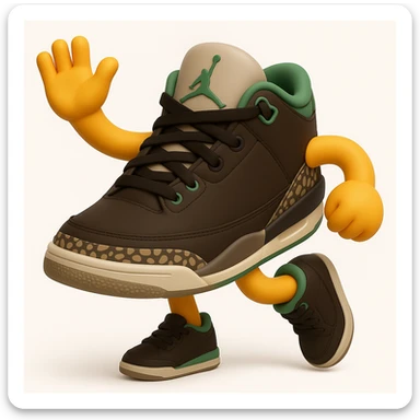 Create a sneaker character in a dancing pose with arms and legs, inspired by the reference image, in a 3D emoji style. The style should resemble Microsoft style 3D fluent emojis with a lively and rhythmic pose. sticker