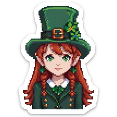 girl with red hair and brown eyes with a leprechaun sticker