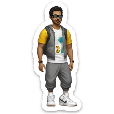 chico rubio  con lentes vestido con buzo y pantalone baggy y zapatillas nike dunk feliz cuerpo entero sticker