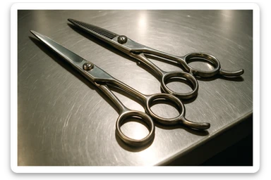 A set of professional barber scissors lies on a stainless steel workbench, gleaming under the bright lights. The blades are sharp and precise, with smooth handles showing signs of frequent use, ready for the next cut sticker