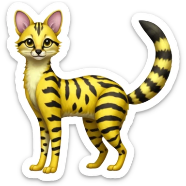 Lanky slender beautiful elegant spotted hype-realistic, black-maned, vibrant yellow Genet-Serval-Civet-fusion-hybrid-furry-fursona, full body, with a long puffy fluffy black-and-white-striped tail sticker
