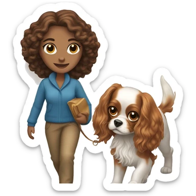 A white woman with blue eyes walks with a cavalier King Charles spaniel sticker