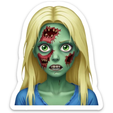 Faça um zumbi feminino, com cabelo loiro e olho azul, com algumas feridas abertas no rosto, cabelo longo, e pele verde, um rosto sem expressão sticker