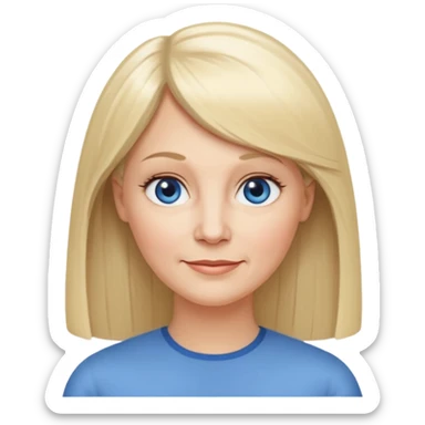 50 yr old white woman, hippe part bangs, very long straight blond hair, oval face, small smile, blue eyes, thin face, hair downback, hair parted at center of head, round cheeks, pale, longer hair sticker