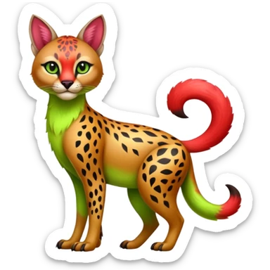Colorful cute adorable shiny tropical exotic fruity kiwi-green lemony rosy neon-red Caracal-Cheetah-Civet-Trico-fusion-hybrid-animal-creature, full body, with tribal tattoos sticker
