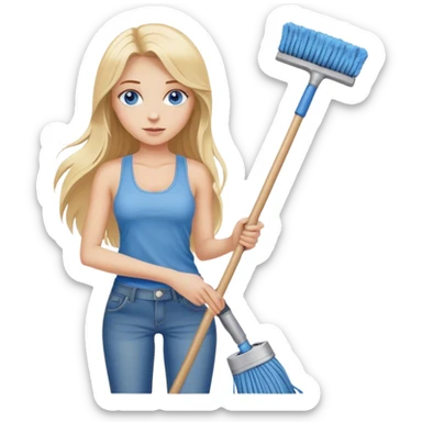 Cinematic realistic blonde with long hair and blue eyes, dressed in jeans and a tank top, holding a mop in her hands sticker