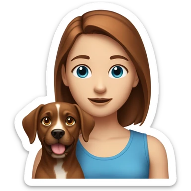 A brown hair girl with blue eyes and a ruby colored dog  sticker