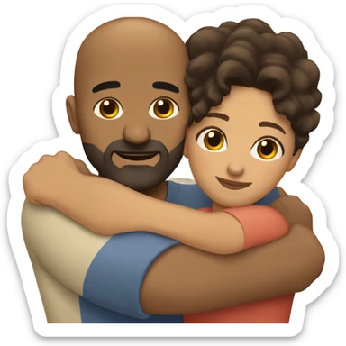 Comforting hug from brunette Puerto Rican with dark brown eyes to short, bald man with brown eyes and a beard sticker