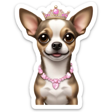 Brindle and white chihuahua wearing a pink tiara sticker