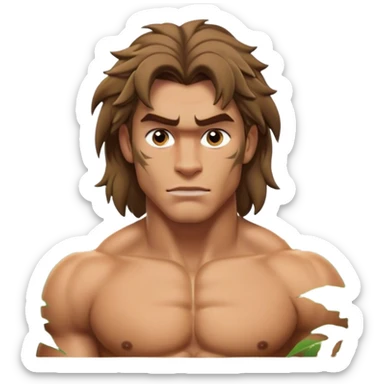 Cinematic Realistic Tarzan Portrait, depicted with lifelike, sun-kissed skin and a robust, muscular form that speaks of raw, untamed power. His piercing, soulful eyes and rugged yet gentle expression are framed by tousled hair, while a backdrop of lush jungle foliage and soft, natural lighting accentuate his primal grace and approachable strength. sticker