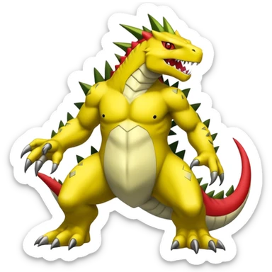 Cool edgy shiny Guilmon-Tyranitar-Drudigon-Digimon-hybrid-fusion, yellow belly, full body sticker