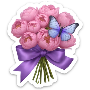 A purple silk ribbon tied around a bouquet of dried pink peonies , with a delicate pastel violet butterfly perched gently on the bow. sticker