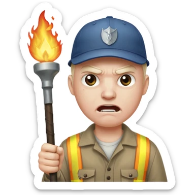 Angry man with a torch and a pitchfork and a cap that says "no blathy" sticker