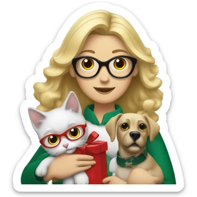 Blonde woman with glasses, holding a cat and a dog in front of the Christmas tree sticker