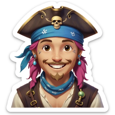 Clash of Clans aesthetic Playful Pirate Portrait Emoji, Head tilted with a roguish, cheeky grin and twinkling eyes, featuring a compact, spirited build with a jaunty hat and a quirky bandana, his natural skin tone evident, Simplified yet irresistibly charming features, highly detailed, glowing with a warm, inviting oceanic glow, high shine, spirited and lively, stylized with an air of whimsical maritime mischief, soft glowing outline, capturing the essence of a playful pirate exuding friendly rogue charm! sticker