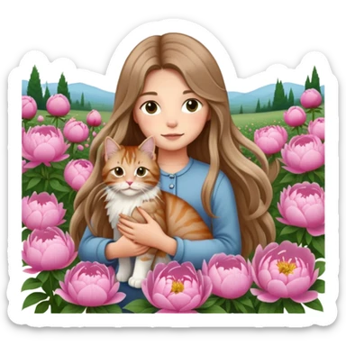 A long haired girl holding a long haired tabby in peony sticker
