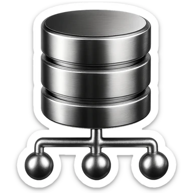 chrome database cylinder with network nodes, representing efficient and scalable database solutions, sleek, modern sticker