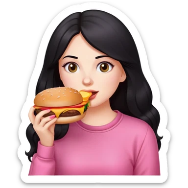 White girl in pink clothes and long black hair eating burger and pizza sticker