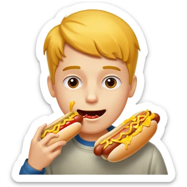 A boy taking a huge bite of a hot dog loaded with mustard and relish.





















 sticker
