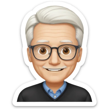old guy, swept back white hair, blocky face, rectangle frame glasses, soul patch sticker