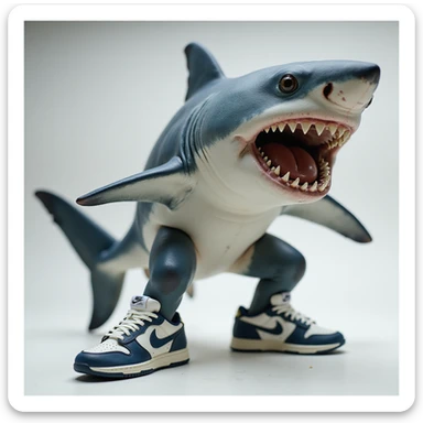 a realistic shark wearing Nike-style sneakers, natural shark appearance, dynamic pose sticker