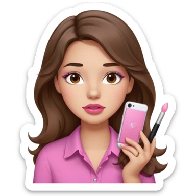 girl with long wavy brown hair, brown eyes, light to medium complexion, in a pink shirt, pink lips, long lashes, puckered lips, putting on blush sticker