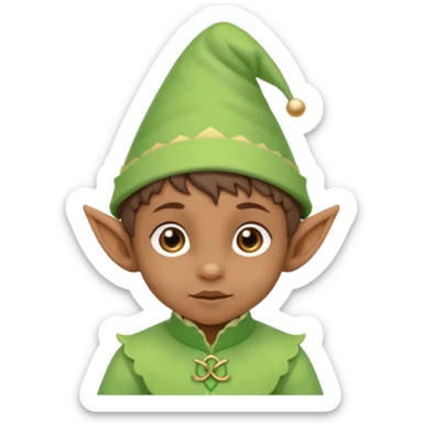 Tiny elf baby brown skin with pointy ears and hat, pastel green outfit,  sticker