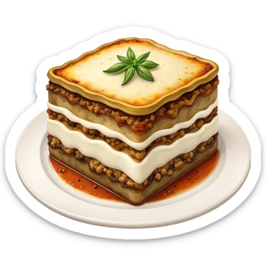 Moussaka Cinematic Realistic Moussaka Dish Emoji, depicted as a rustic serving of moussaka with layers of soft eggplant, ground meat, and a creamy topping featuring a delightfully crispy corner, rendered with rich textures and warm, inviting lighting. sticker