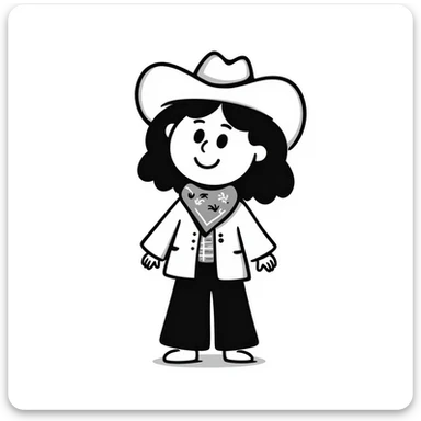 A hand-drawn plush cowgirl toy with a bandana, hat and a cute smile sticker