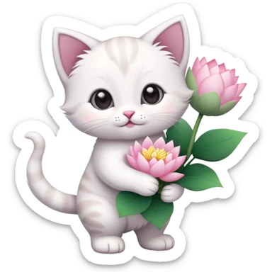 Kitten standing with folded hands holding a bouquet of lotus flowers sticker