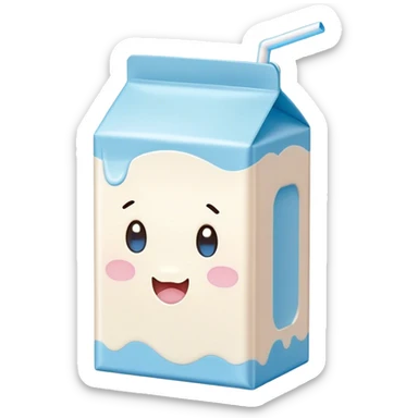Cute Kawaii Milk Carton, small and boxy, bright pastel blue and white, blushing cheeks, a tiny straw poking out, soft glowing highlights, adorable farm-fresh cuteness! sticker