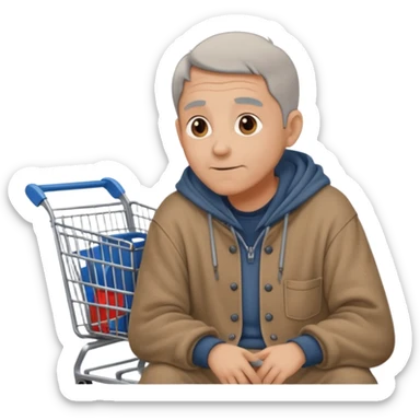 A man in oversized old clothes sat next to a shopping cart half body, looking around with gentle, hopeful eyes. sticker