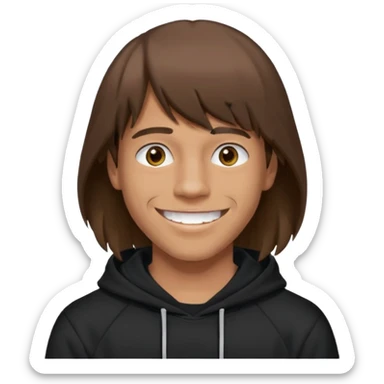20 yr old man, brown hair, straight, big smile, white teeth, tanned skin, bangs, black hooded sweatshirt, long hair in back, middle parted bangs sticker