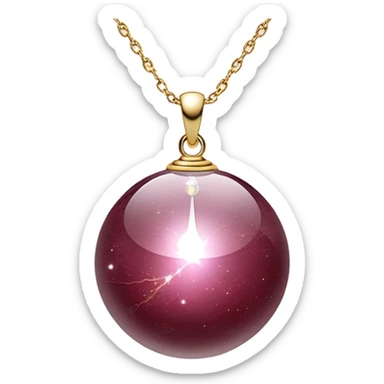 A polished round ball wine granite pendant suspended from a delicate gold chain, like a drop of enchanted starlight, glowing with the warmth of passion and the quiet power of transformation ethereal floating magical moving around... rebirth  sticker