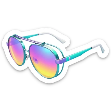 Colorful Y2K glasses with metallic frame, iridescent lenses, futuristic 2000s style sunglasses with digital vibes sticker